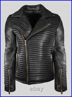 Men's Black Genuine Leather Quilted Biker Jacket