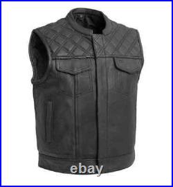 Men's Black Leather Motorbike Vest Handmade Motorcycle Club Vest Diamond Stitch