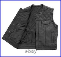 Men's Black Leather Motorbike Vest Handmade Motorcycle Club Vest Diamond Stitch