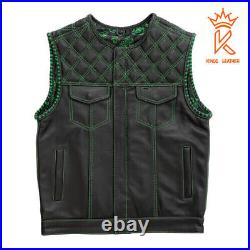 Men's Black Leather Motorcycle Vest Green Paisley Lining/Thread Bike Waistcoat
