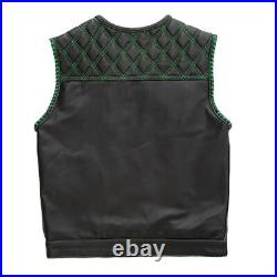 Men's Black Leather Motorcycle Vest Green Paisley Lining/Thread Bike Waistcoat