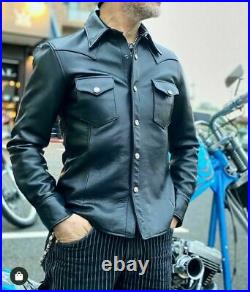 Men's Black Leather Shirt 100% Genuine Lambskin Soft Vintage Cool shirt ZL10