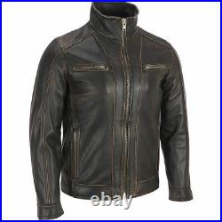 Men's Black Rivet Leather Faded-Seam Jacket Genuine Cowhide Leather ALL SIZES