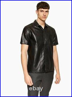 Men's Black Shirt Genuine Real Leather Biker Short Sleeve shirt XS to 3XL NFS 14