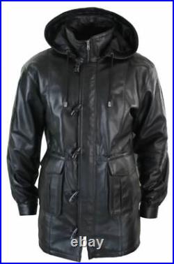 Men's Black Trench Over Coat Hooded Long Genuine Sheepskin Leather Jacket Coat