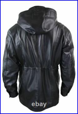 Men's Black Trench Over Coat Hooded Long Genuine Sheepskin Leather Jacket Coat