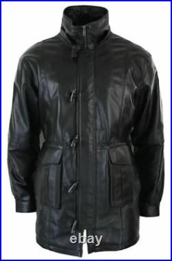 Men's Black Trench Over Coat Hooded Long Genuine Sheepskin Leather Jacket Coat