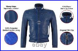 Men's Bomber Leather Jacket Blue White Biker Motorcycle Style Fight Club Jacket