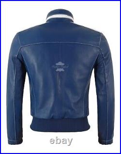 Men's Bomber Leather Jacket Blue White Biker Motorcycle Style Fight Club Jacket