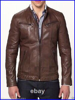 Men's Brown Leather Jacket Slim Biker Motorcycle Lambskin jacket NFS 084