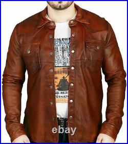 Men's Brown Leather Shirt 100% Real Lambskin Soft Slim Fit Stylish shirt ZL26