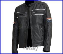 Men's Classic Multi Color Arm Strips Cafe Racer Moto Biker Style Leather Jacket