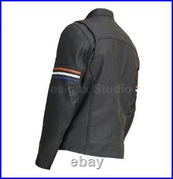 Men's Classic Multi Color Arm Strips Cafe Racer Moto Biker Style Leather Jacket