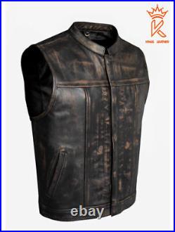 Men's Distressed Brown Leather Club Motorcycle Vest Gun Pockets Bike Waistcoat
