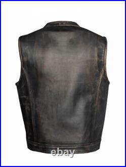 Men's Distressed Brown Leather Club Motorcycle Vest Gun Pockets Bike Waistcoat
