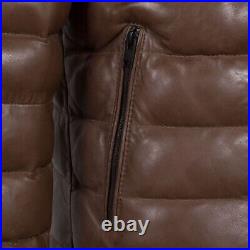 Men's Genuine Brown Leather Puffer Jacket Winter Quilted Real Lightweight Jacket