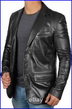 Men's Genuine Lambskin 100% Leather Blazer Soft TWO BUTTON Black Coat Jacket
