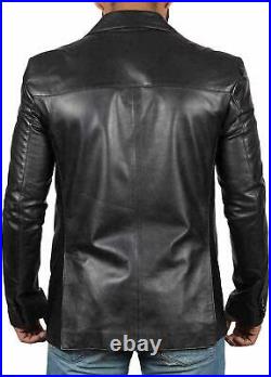 Men's Genuine Lambskin 100% Leather Blazer Soft TWO BUTTON Black Coat Jacket