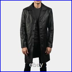 Men's Genuine Lambskin Leather Black Winter Warm Trench Coat Overcoat