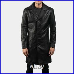 Men's Genuine Lambskin Leather Black Winter Warm Trench Coat Overcoat