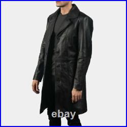 Men's Genuine Lambskin Leather Black Winter Warm Trench Coat Overcoat