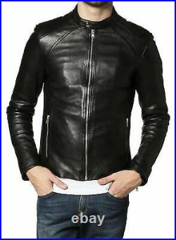 Men's Genuine Lambskin Leather Jacket Black Slim Fit Biker jacket Coat All Sizes