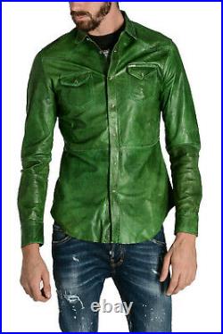 Men's Genuine Lambskin Leather Shirt Green Jacket Biker shirt NFS 016