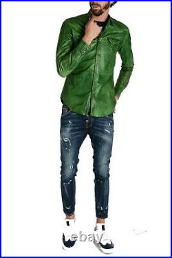Men's Genuine Lambskin Leather Shirt Green Jacket Biker shirt NFS 016