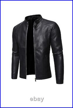 Men's Genuine Real Lambskin Leather Motorcycle Casual Biker Black Jacket
