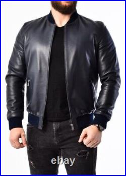 Men's Genuine Soft Lambskin Leather Bomber Jacket Distressed Black Biker Style