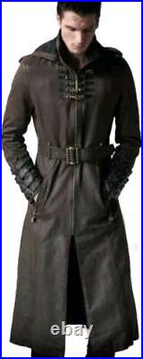 Men's Hooded Steampunk Gothic Military Style Long Trench Coat Genuine Leather