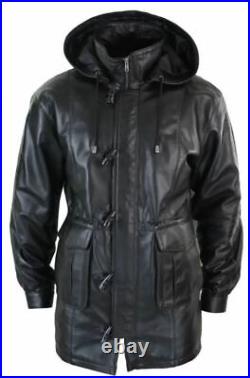 Men's Hooded Winter Long Coat Genuine Sheepskin Black Leather Coat