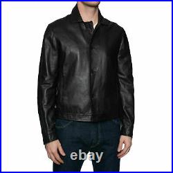 Men's Jacket Genuine Lambskin Leather Classic Black Collared Buttoned Jacket