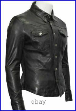 Men's Lambskin Lightweight Leather Shirt Black Jacket Biker shirt NFS 017