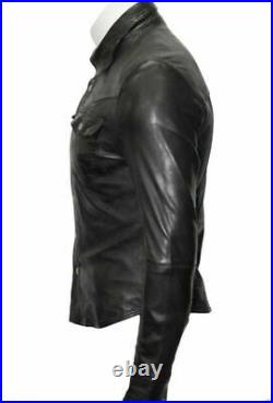 Men's Lambskin Lightweight Leather Shirt Black Jacket Biker shirt NFS 017