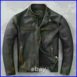 Men's Motorcycle Biker Vintage Cafe Racer Distressed Black Real Leather Jacket