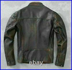 Men's Motorcycle Biker Vintage Cafe Racer Distressed Black Real Leather Jacket