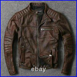 Men's Motorcycle Biker Vintage Cafe Racer Distressed Brown Real Leather Jacket