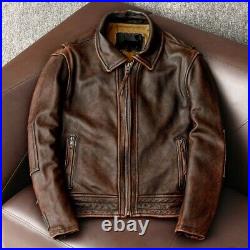 Men's Motorcycle Vintage Cafe Racer Distressed Brown Biker Real Leather Jacket