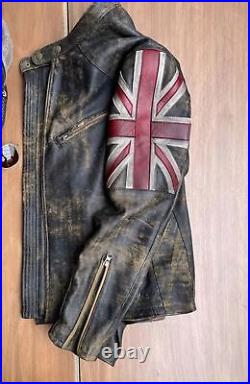 Men's Motorcycle Vintage Racer Union Jack Lambskin Leather Distressed Jacket