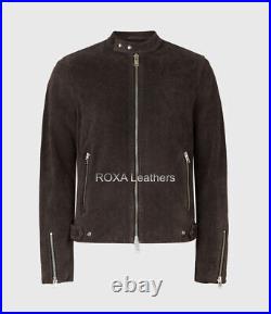 Men's NEW Stylish Pure Genuine Suede Biker Leather Jacket Silver Hardware Zipper