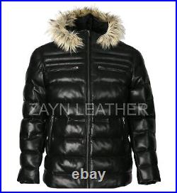 Men's Puffer Leather Jacket Faux Fur Hoodie Moto Biker Real Lambskin Winter Coat