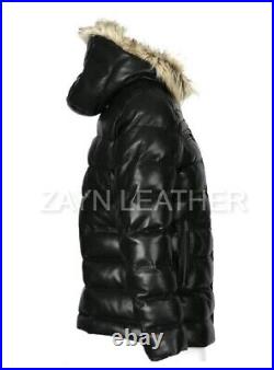 Men's Puffer Leather Jacket Faux Fur Hoodie Moto Biker Real Lambskin Winter Coat