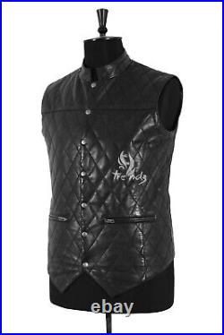 Men's Quilted Leather Waistcoat Classic Diamond Shape Gilet Lambskin Vest Daniel