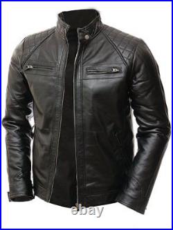 Men's Quilted Motorcycle Padded Shoulder Vintage Shade Racer Real Leather Jacket