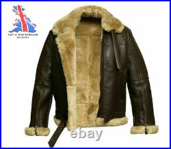 Men's RAF B3 Aviator Real Sheep Leather Brown Jacket Fur Coat Bomber Fur