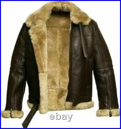 Men's RAF B3 Aviator Real Sheep Leather Brown Jacket Fur Coat Bomber Fur