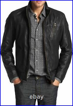Men's Real Biker Genuine Lambskin Black Urban Leather Jacket Regular Wear Zipper