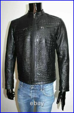 Men's Real Leather Crocodile Embossed Print Jacket Biker Motorcycle Black Jacket