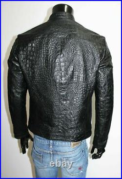 Men's Real Leather Crocodile Embossed Print Jacket Biker Motorcycle Black Jacket